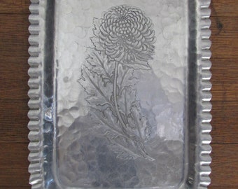 Vintage Hand Wrought Aluminum Tray: Chrysanthemum Flower Decor