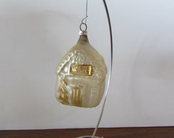 Vintage West Germany Christmas Ornament: Gold Cabin, Textured Glass
