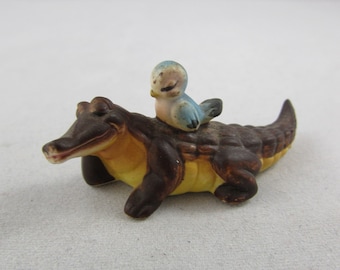 Rare Josef Originals Miniature Alligator Crocodile with Bluebird Figurine
