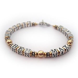 Gold & Silver Mother Name Bracelets - Multiple Name Mothers Bracelets for Mommy or Grand Mommy Gold Block Letter Bracelet for Mom or Grandma