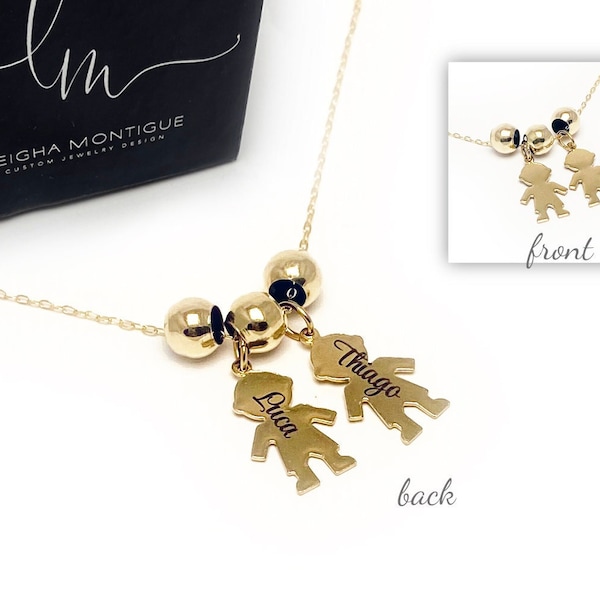 Engraved Gold Boy Charm and Gold Girl Charm Necklace, Gold Charm Necklace with Children Charms or Kid Charms, also in Sterling Silver