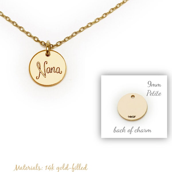 Nana Charm Necklace, Petite 9mm 14k Gold-Filled Nana Charm Necklace, 9mm .925 Sterling Silver Nana Charm Necklace Gifts, Real Gold or Silver