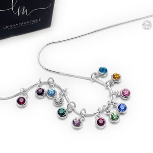 Birthstone Charm Necklace with Crystal Birthstone Charms, Personalized Birthstone Gifts for Mommy and Grandmas, Sterling Silver, Birthstones