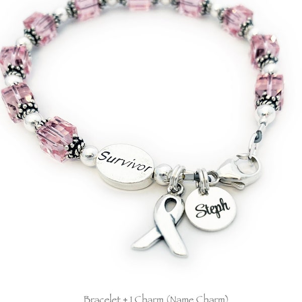 Breast Cancer Survivor Bracelet, Survivor, Courage, Hope or In Memory Bracelet, ANY color of Crystals, Free Shipping
