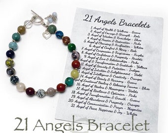 21 Angel Bracelet Gifts, 21 Gemstones, Open Heart Charm, Angel Birthstone Charm, .925 Sterling Silver & Real Gemstones