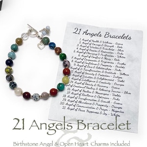 This  21 Angel Gemstones Charm Bracelet includes 21 unique gemstones representing the 21 most powerful angels. This bracelet includes a .925 sterling silver Open Heart Charm and a Birthstone Angel Charm.