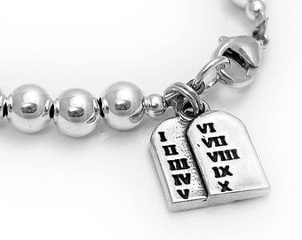 Ten Commandments Charm Bracelet: Sterling Silver, Pearl, Religious Gift