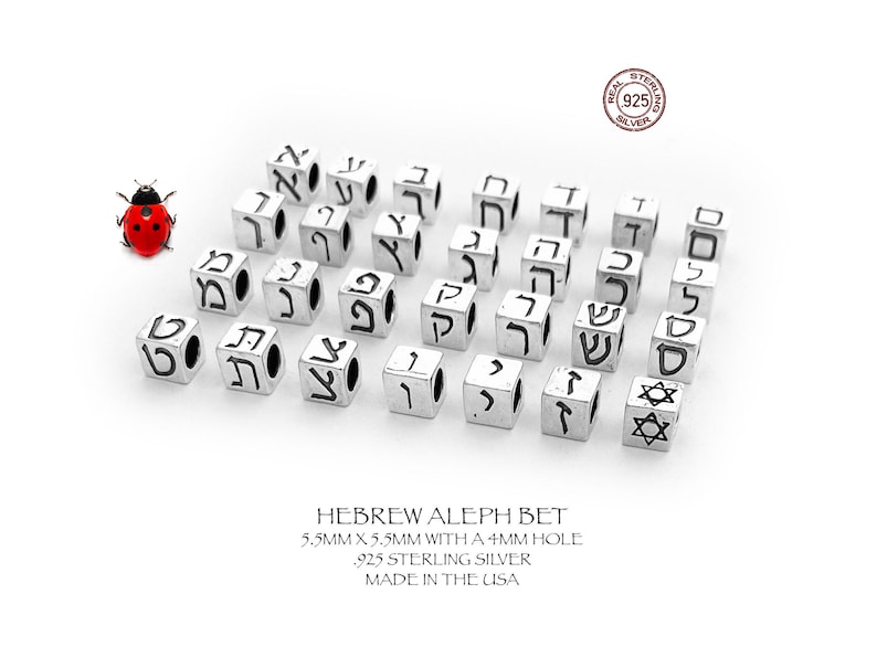 Hebrew Beads, Hebrew Alefbet Blocks and Charms: Alef Aleph, Ayin, Bet. Chet, Dulet, Final Kaf, Final Mem, Final Nun, Final Pey, Final Teade, Gimmel, Hey, Hay, Kuf, Cuf, Lumen, Mem, Nun, Pey, Qof, Resh, Shin, Sumech, Tet, Tuv, Tzade, Vuv, Yud, Zayin