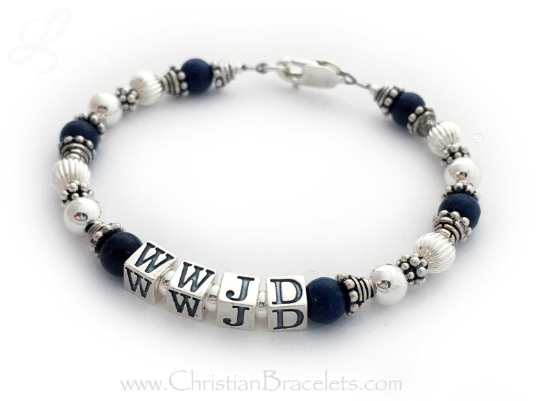 Lapis Lazuli What Would Jesus Do, WWJD, Sterling Silver or Gold, Bali Beads, Sterling Silver, Lapis Beaded Bracelet, W.W.J.D Jewelry, WWJD?, Personal Religious Gifts. Shown with dark blue Lapis Lazuli beads and a lobster claw clasp.