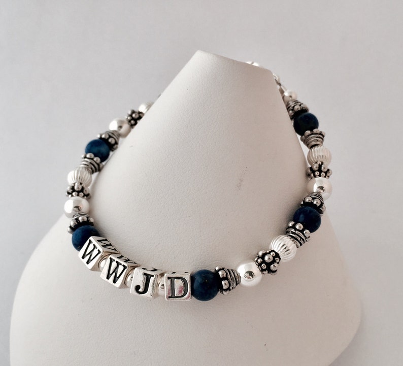 Lapis Lazuli and Sterling Silver What Would Jesus Do, WWJD, Sterling Silver or Gold, Lapis Beaded Bracelet, W.W.J.D Jewelry, WWJD?, Personal Religious Gifts. Shown with dark blue Lapis Lazuli beads and a lobster claw clasp.