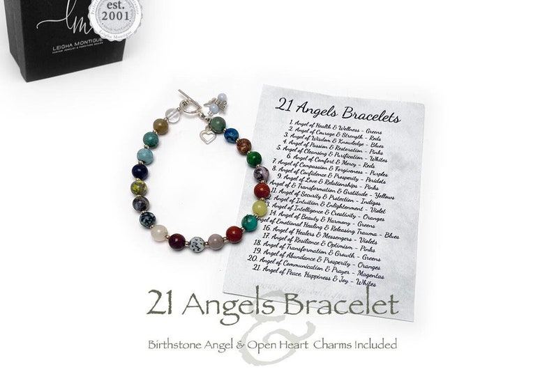 This  21 Angel Gemstones Charm Bracelet includes 21 unique gemstones representing the 21 most powerful angels. This bracelet includes a .925 sterling silver Open Heart Charm and a Birthstone Angel Charm.