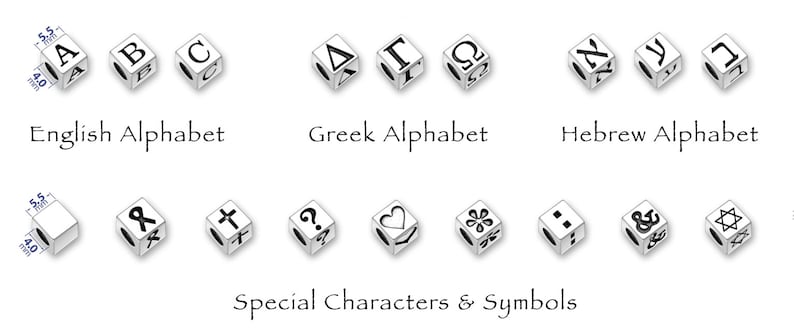 Yiddish blocks, Hebrew Alefbet Blocks and Charms: Alef Aleph, Ayin, Bet. Chet, Dulet, Final Kaf, Final Mem, Final Nun, Final Pey, Final Teade, Gimmel, Hey, Hay, Kuf, Cuf, Lumen, Mem, Nun, Pey, Qof, Resh, Shin, Sumech, Tet, Tuv, Tzade, Vuv, Yud, Zayin