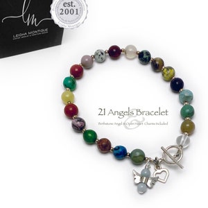This  21 Angel Gemstones Charm Bracelet includes 21 unique gemstones representing the 21 most powerful angels. This bracelet includes a .925 sterling silver Open Heart Charm and a Birthstone Angel Charm.