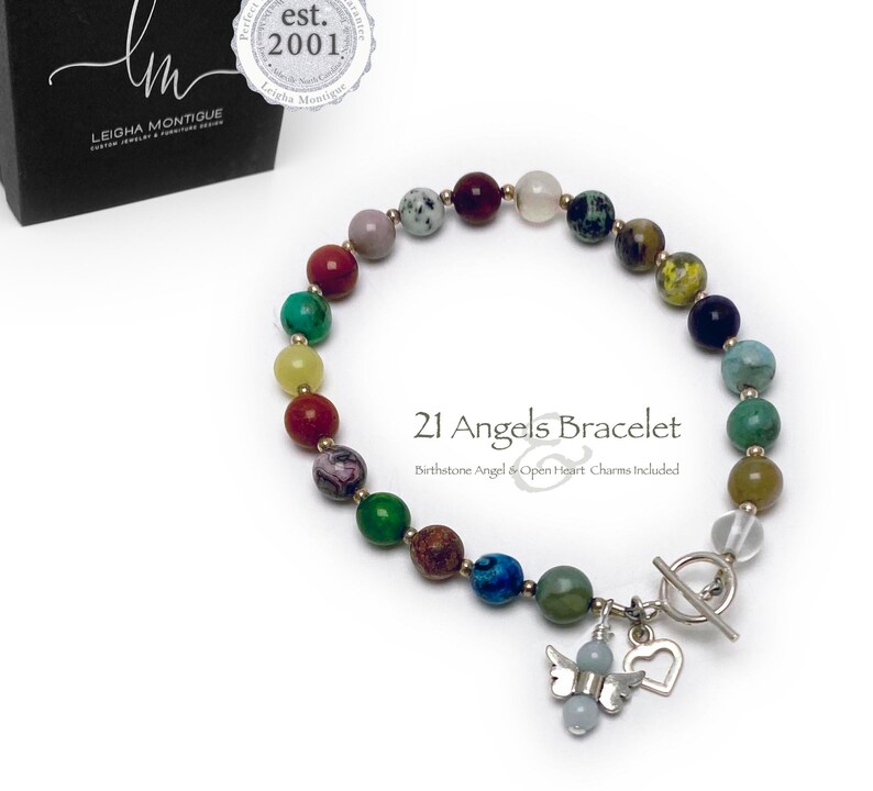 This  21 Angel Gemstones Charm Bracelet includes 21 unique gemstones representing the 21 most powerful angels. This bracelet includes a .925 sterling silver Open Heart Charm and a Birthstone Angel Charm.