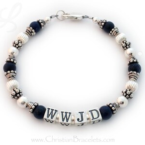 Lapis Lazuli What Would Jesus Do, WWJD, Sterling Silver or Gold, Bali Beads, Sterling Silver, Lapis Beaded Bracelet, W.W.J.D Jewelry, WWJD?, Personal Religious Gifts. Shown with dark blue Lapis Lazuli beads and a toggle clasp and Bali Bead Caps