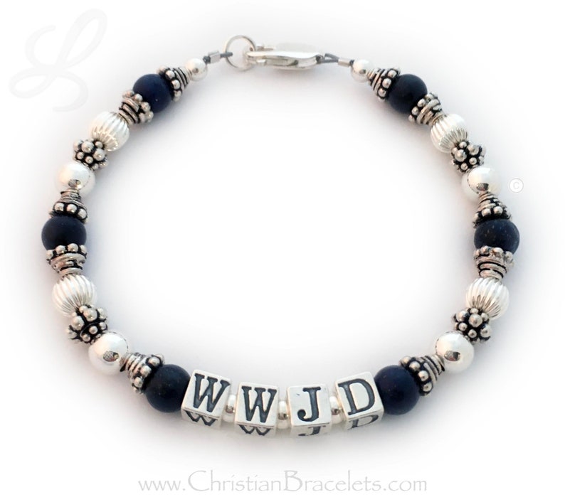 Lapis Lazuli What Would Jesus Do, WWJD, Sterling Silver or Gold, Bali Beads, Sterling Silver, Lapis Beaded Bracelet, W.W.J.D Jewelry, WWJD?, Personal Religious Gifts. Shown with dark blue Lapis Lazuli beads and a toggle clasp and Bali Bead Caps