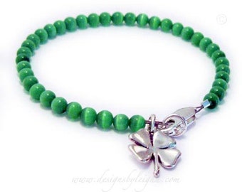 4 Leaf Clover Bracelet - Lucky Jewelry, St Patricks Day Gift Ideas, Lucky Bracelet - sterling silver and Cat's Eye Beads