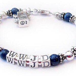 Lapis Lazuli What Would Jesus Do, WWJD, Sterling Silver, Bali Beads, Sterling Silver, Lapis Beaded Bracelet, W.W.J.D Jewelry, WWJD?, Personal Religious Gifts. Shown with dark blue Lapis Lazuli beads and a lobster claw clasp and Prayer Box Charm