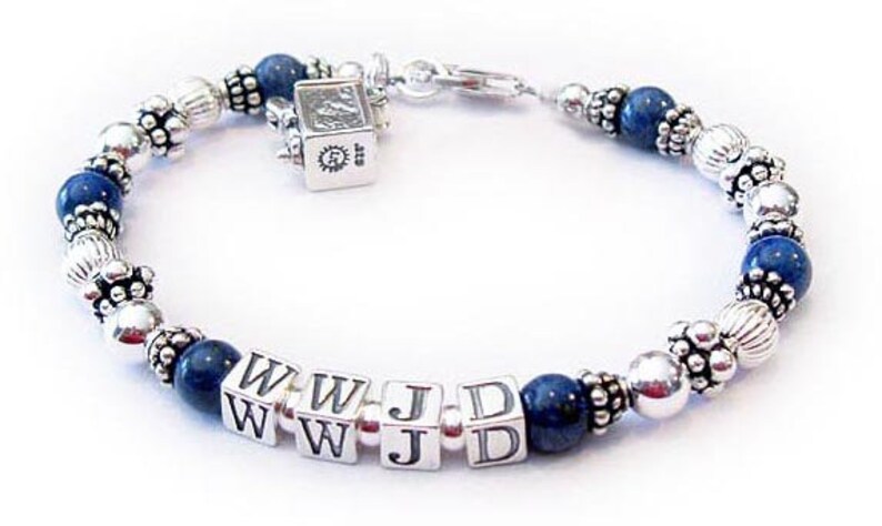 Lapis Lazuli What Would Jesus Do, WWJD, Sterling Silver, Bali Beads, Sterling Silver, Lapis Beaded Bracelet, W.W.J.D Jewelry, WWJD?, Personal Religious Gifts. Shown with dark blue Lapis Lazuli beads and a lobster claw clasp and Prayer Box Charm