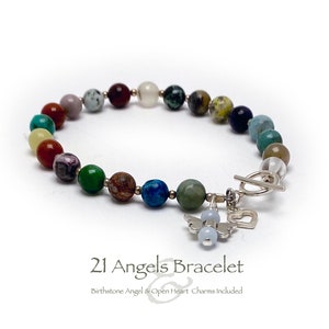 This  21 Angel Gemstones Charm Bracelet includes 21 unique gemstones representing the 21 most powerful angels. This bracelet includes a .925 sterling silver Open Heart Charm and a Birthstone Angel Charm.