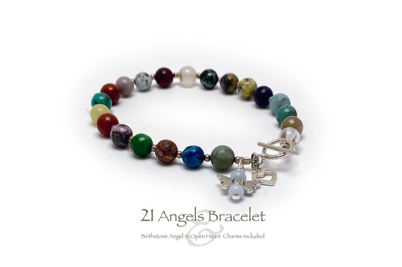 This  21 Angel Gemstones Charm Bracelet includes 21 unique gemstones representing the 21 most powerful angels. This bracelet includes a .925 sterling silver Open Heart Charm and a Birthstone Angel Charm.