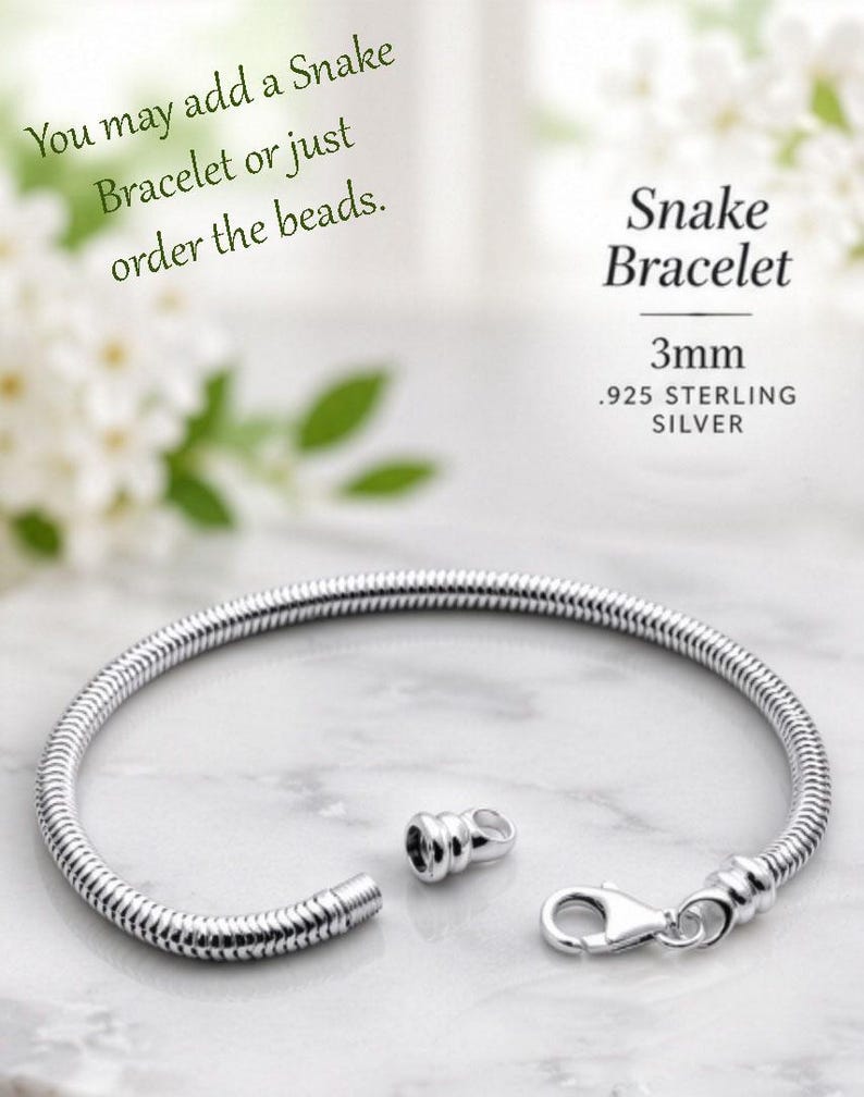 May include: A 3mm .925 sterling silver snake bracelet with a lobster claw clasp and a detachable end cap. The text reads: You may add a Snake Bracelet or just order the beads. Snake Bracelet 3mm .925 STERLING SILVER.