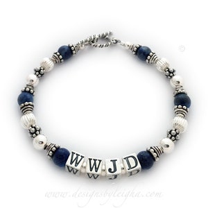 Lapis Lazuli What Would Jesus Do, WWJD, Sterling Silver or Gold, Bali Beads, Sterling Silver, Lapis Beaded Bracelet, W.W.J.D Jewelry, WWJD?, Personal Religious Gifts. Shown with dark blue Lapis Lazuli beads and a toggle clasp and Bali Bead Caps