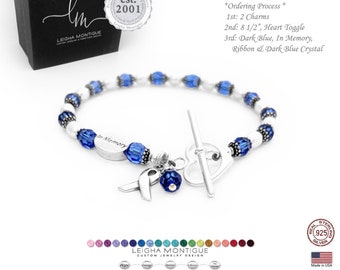 Real Sterling Silver & Swarovski Crystal Colon Cancer Survivor Ribbon Bracelet - Colon Cancer Awareness, Blue Ribbon Bracelets, Ribbon Charm