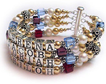 Pearl & Gold Grammy Birthstone Bracelet, Grandma, Nana, Nanny, Gram, Gramma, Mama Bracelets, You choose the birthstones color(s) and name...