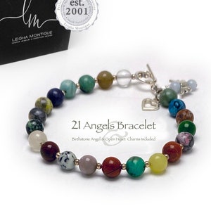 This  21 Angel Gemstones Charm Bracelet includes 21 unique gemstones representing the 21 most powerful angels. This bracelet includes a .925 sterling silver Open Heart Charm and a Birthstone Angel Charm.