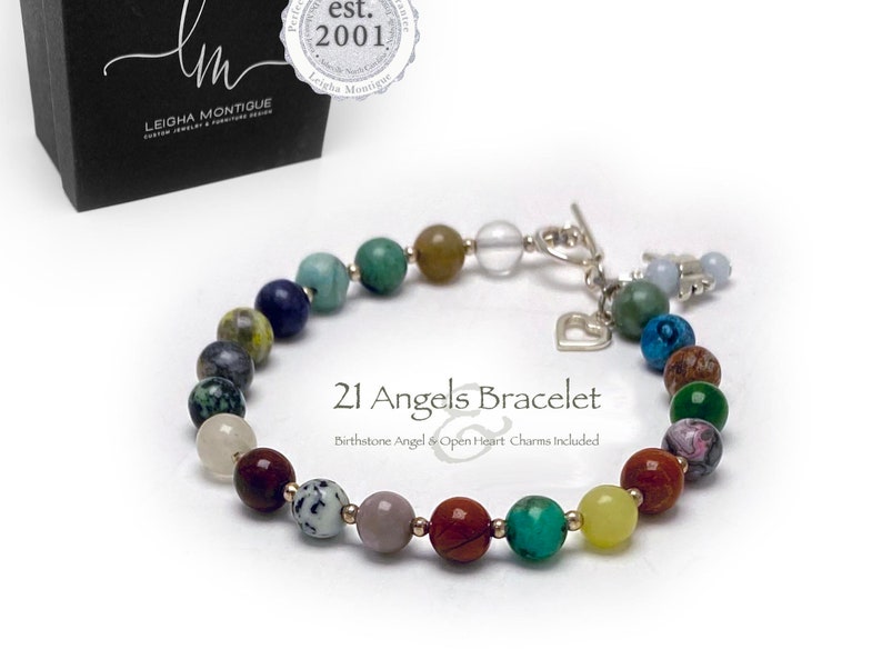 This  21 Angel Gemstones Charm Bracelet includes 21 unique gemstones representing the 21 most powerful angels. This bracelet includes a .925 sterling silver Open Heart Charm and a Birthstone Angel Charm.