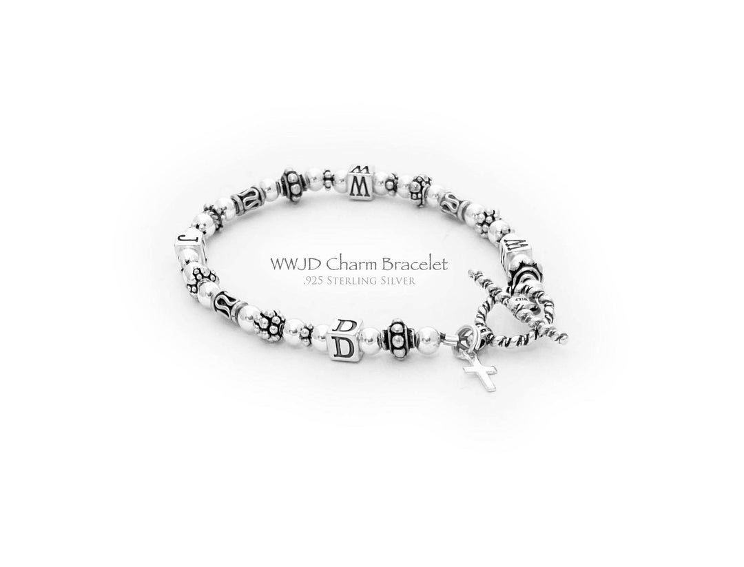 Sterling Silver WWJD Charm Bracelet: Religious Gift With Bali