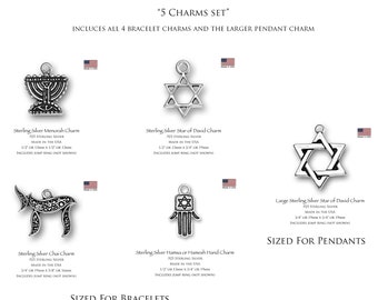 Sterling Silver Jewish Charms: Menorah, Hamsa, Star of David