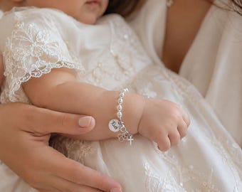 Personalized Baby Pearl Baptism Bracelet: Sterling Silver Cross, Baptism Gift