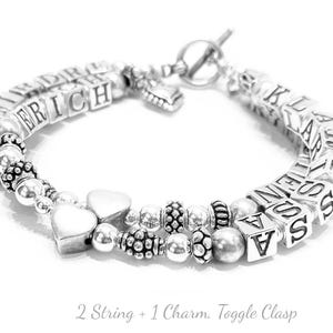 Heart Sterling Silver Mothers Bracelet show with a Beaded Heart Charm and a Guardian Angel Charm for Mom or Grandma, 3 names, 4 names, 5, 6