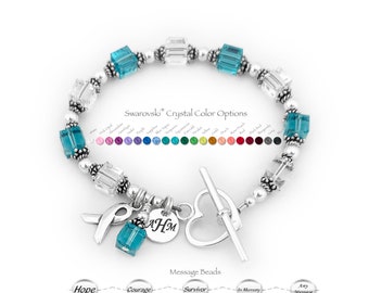 Teal Ribbon Bracelet, Survivor Bracelet, Survivor, Courage, Hope or In Memory Bracelet, ANY color of Crystals, Free Shipping