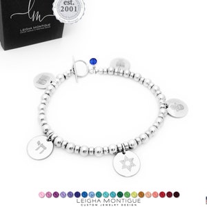Etched Sterling Silver Hebrew Charm Bracelet Star of David Menora Hebrew Names or Initials Hamsa Hand Chai Charms 925 Sterling Silver H2313