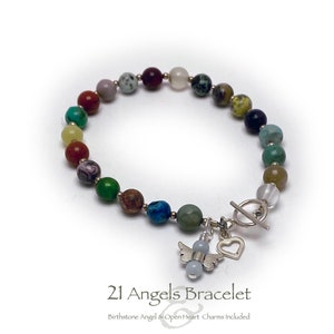 This  21 Angel Gemstones Charm Bracelet includes 21 unique gemstones representing the 21 most powerful angels. This bracelet includes a .925 sterling silver Open Heart Charm and a Birthstone Angel Charm.