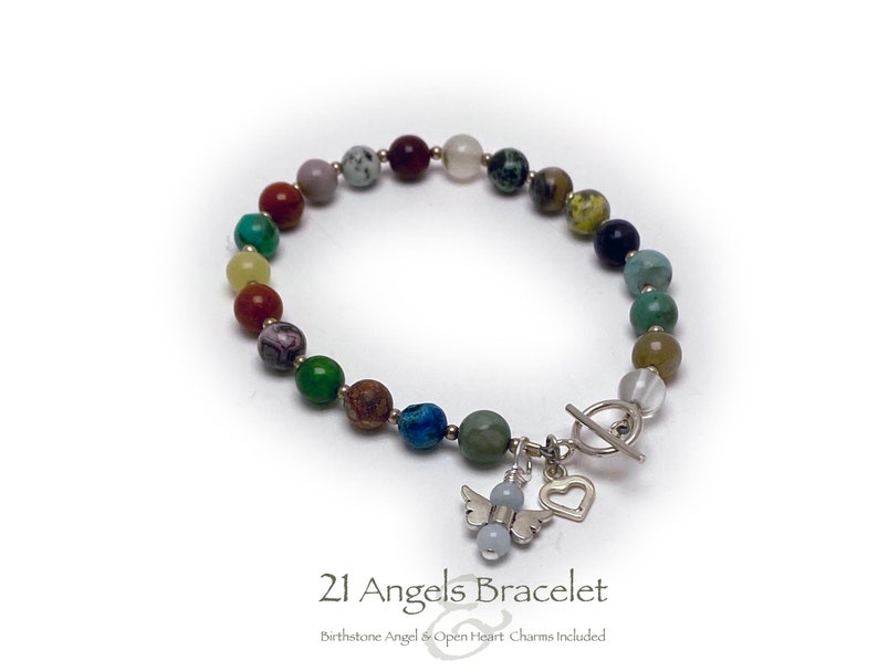 This  21 Angel Gemstones Charm Bracelet includes 21 unique gemstones representing the 21 most powerful angels. This bracelet includes a .925 sterling silver Open Heart Charm and a Birthstone Angel Charm.