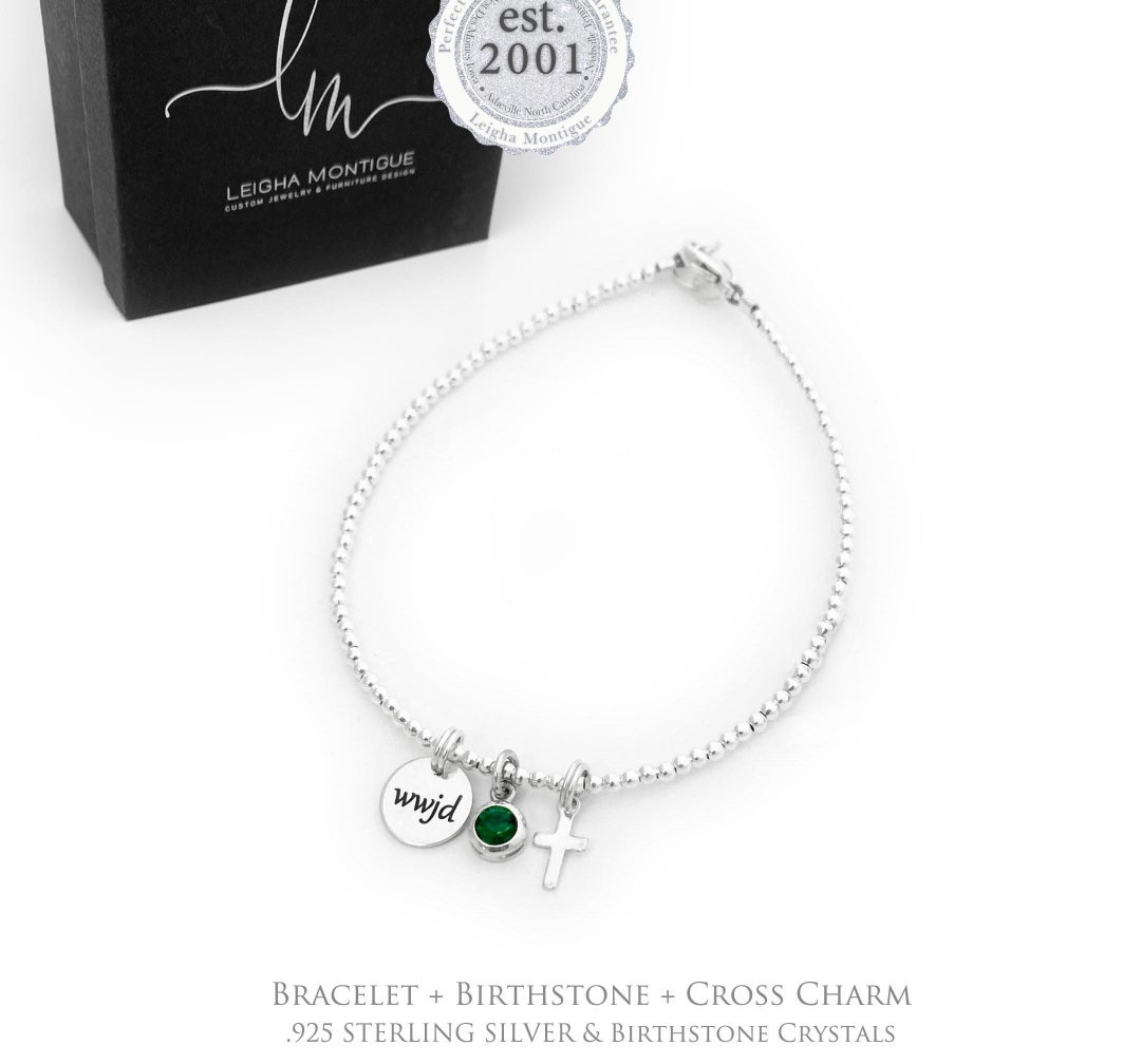 Tiny Sterling Silver Beaded WWJD Bracelet With Birthstone Charm