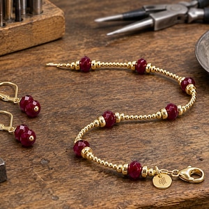 Ruby Bracelet and Earrings Set, 14K Gold Filled Jewelry, Genuine Ruby Jewelry Set, Elegant Red Gemstone Bracelet, Minimalist Luxury Gift
