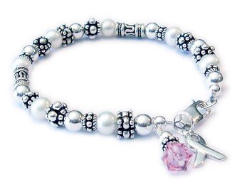 Breast Cancer Survivor Bracelet: Pearl, Bali Silver, Ribbon Charm, Swarovski Crystal Charm - CB-R42
