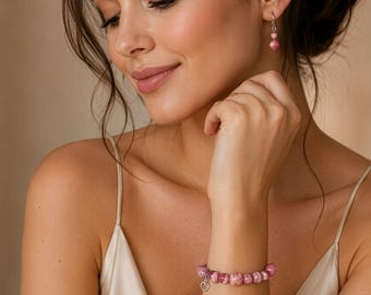 Handmade Rhodochrosite Bracelet with Sterling Silver Open Heart Charm | Natural Pink Gemstone Jewelry | 6mm,8mm & 10mm Beads
