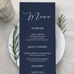 Navy Blue Wedding Menu Cards - Printed Wedding Menus - Menus For Reception Tables - White Ink Printing