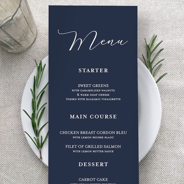 Navy Blue Wedding Menu Cards - Printed Wedding Menus - Menus For Reception Tables - White Ink Printing