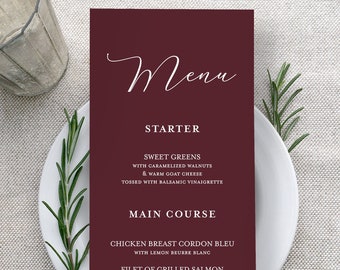 Burgundy Wedding Menu Cards - Printed White Ink Burgundy Menus - Menus For Reception Tables - Wine Wedding Menus