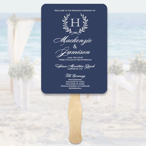 Wedding Program Fans Monogram Initial - Navy Blue Wedding Program Fans - Printed Ceremony Fan - Midnight Blue White Ink - You Assemble