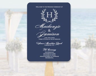 Wedding Program Fans Monogram Initial - Navy Blue Wedding Program Fans - Printed Ceremony Fan - Midnight Blue White Ink - You Assemble