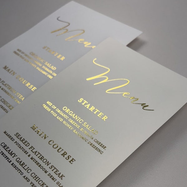 New! Gold Foil Menu Cards, Printed Shiny Wedding Gold Foil Menus, Simple and Classy Gold Menus For Reception Tables, Printed Menu Cards