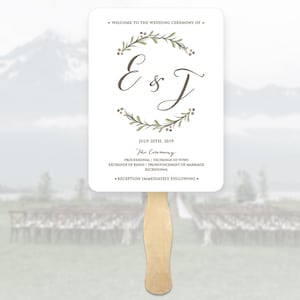 Wedding Program Fans with Wooden Sticks, Woodland Wreath, Wedding Program Fans, Printed Ceremony Wedding Fan, Simple Monogram Ceremony Fans